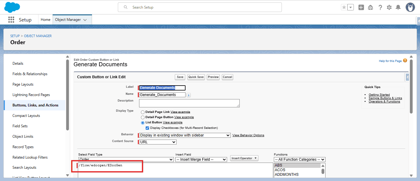 List Button URL: /flow/edocgen/EDocGen